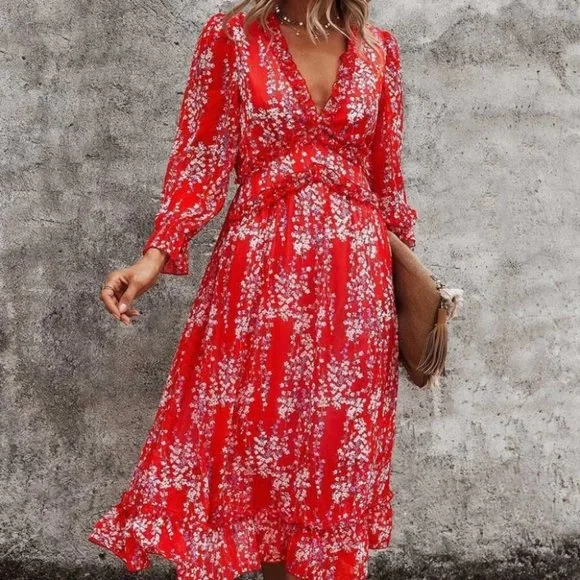 Red Floral Ditsy Ruffle Hem Dress Shabby Chic Cottagecore - Picture 4 of 5